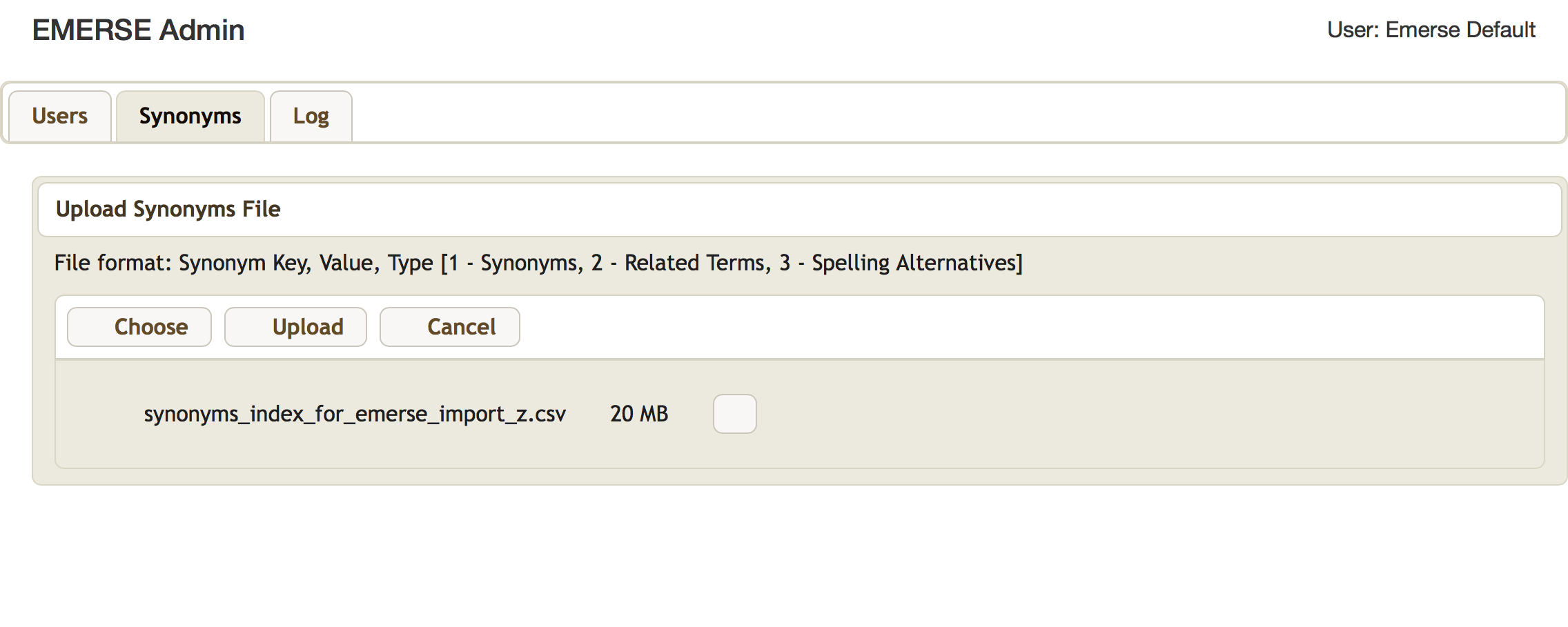 Synonyms upload page
