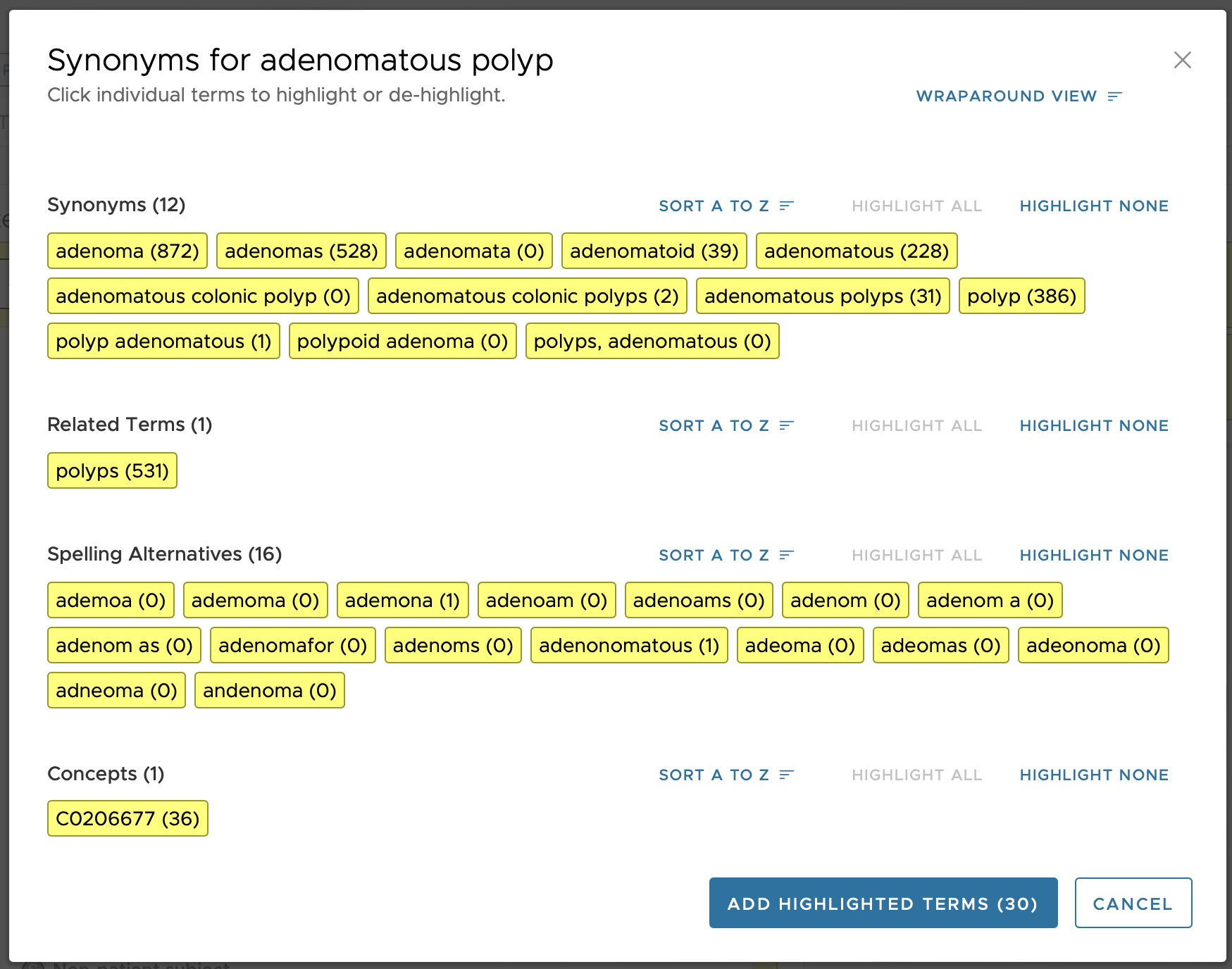 Synonyms suggestions display