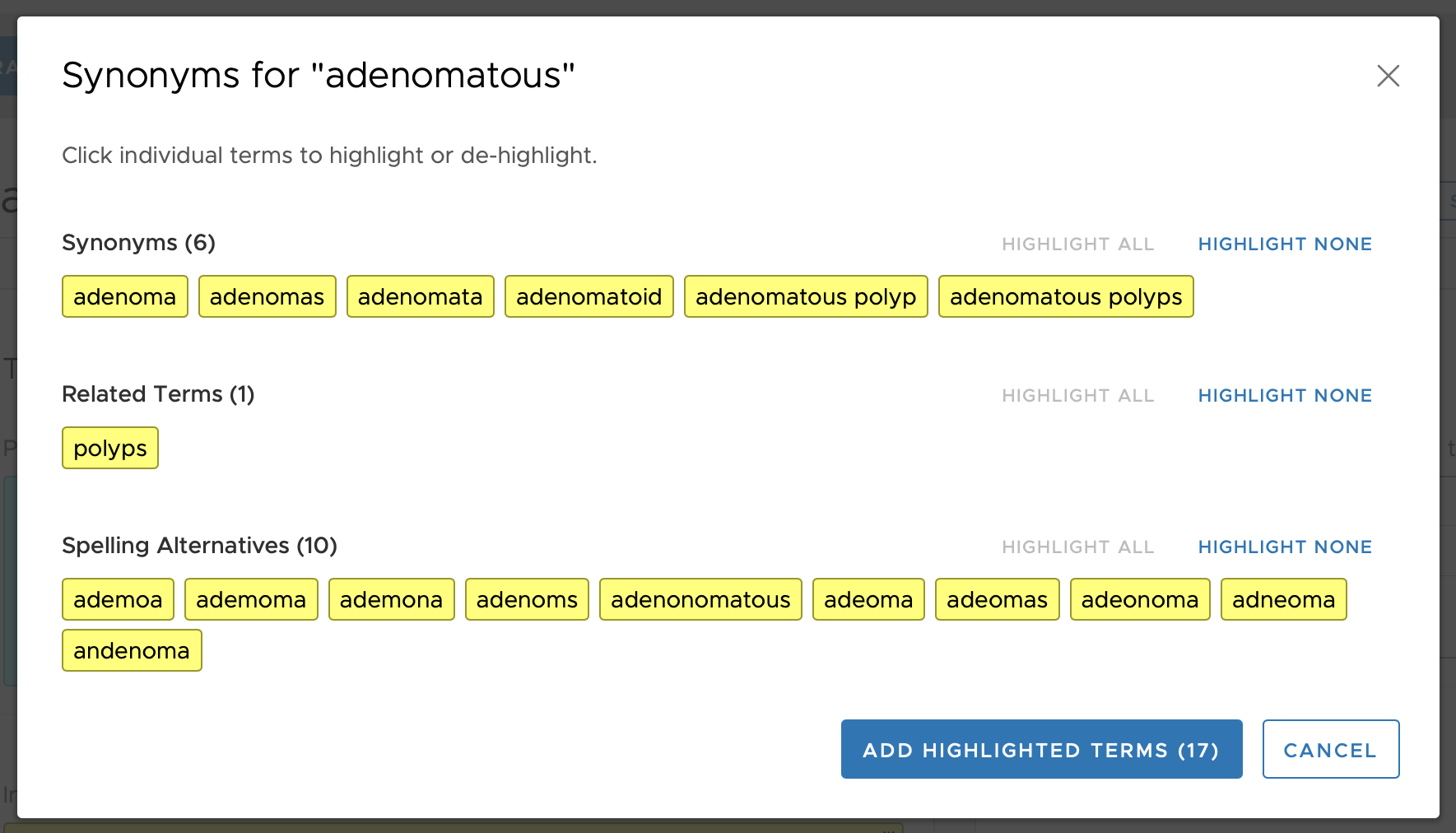 Synonyms suggestions display