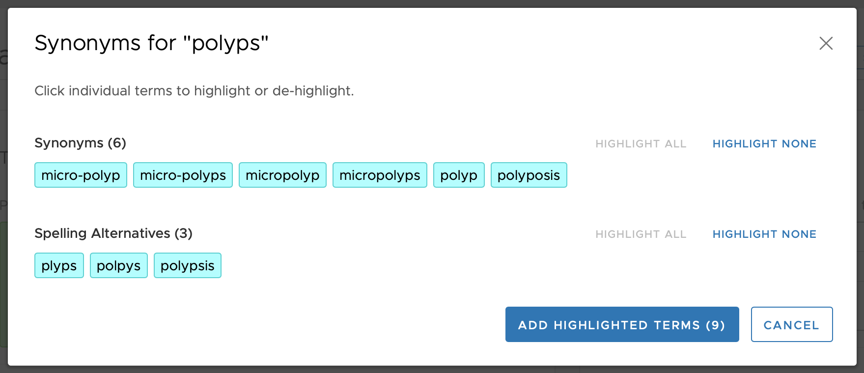 Synonyms suggestions display for the term Polyps