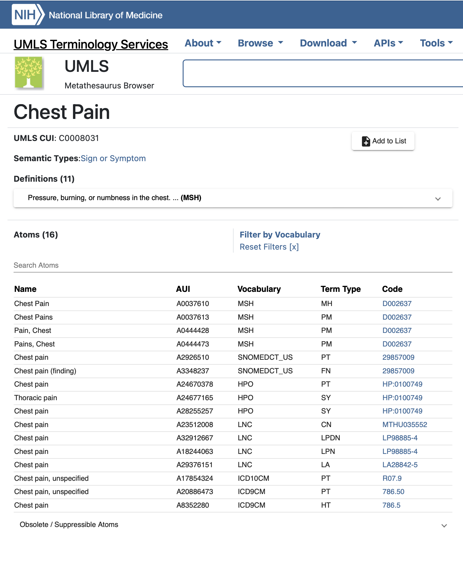 UMLS concept for chest pain