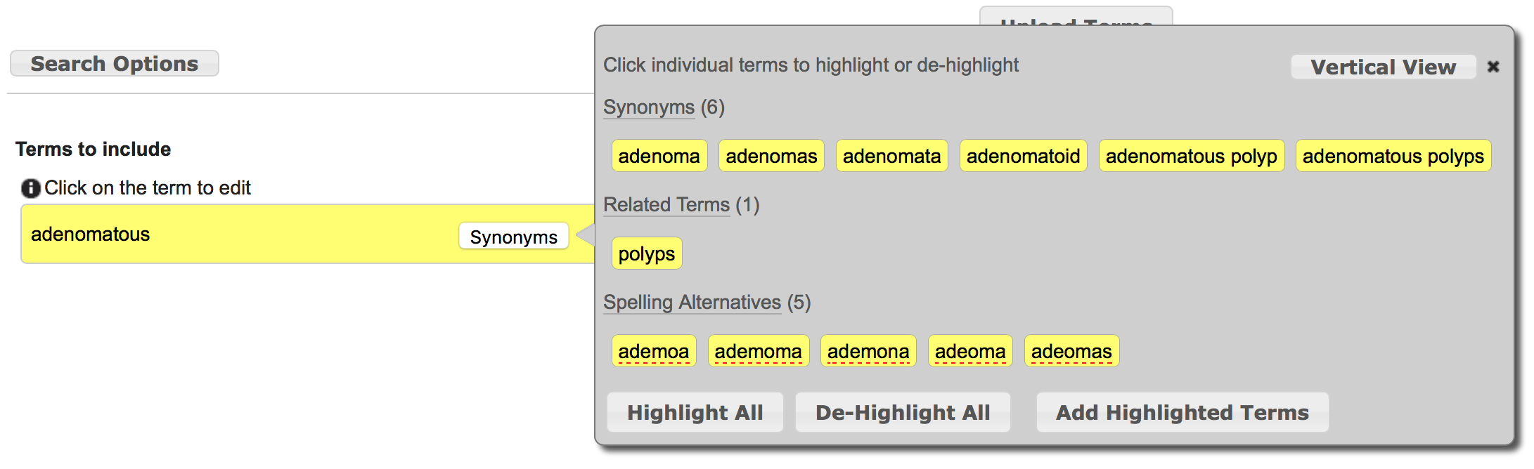 Synonyms suggestions display