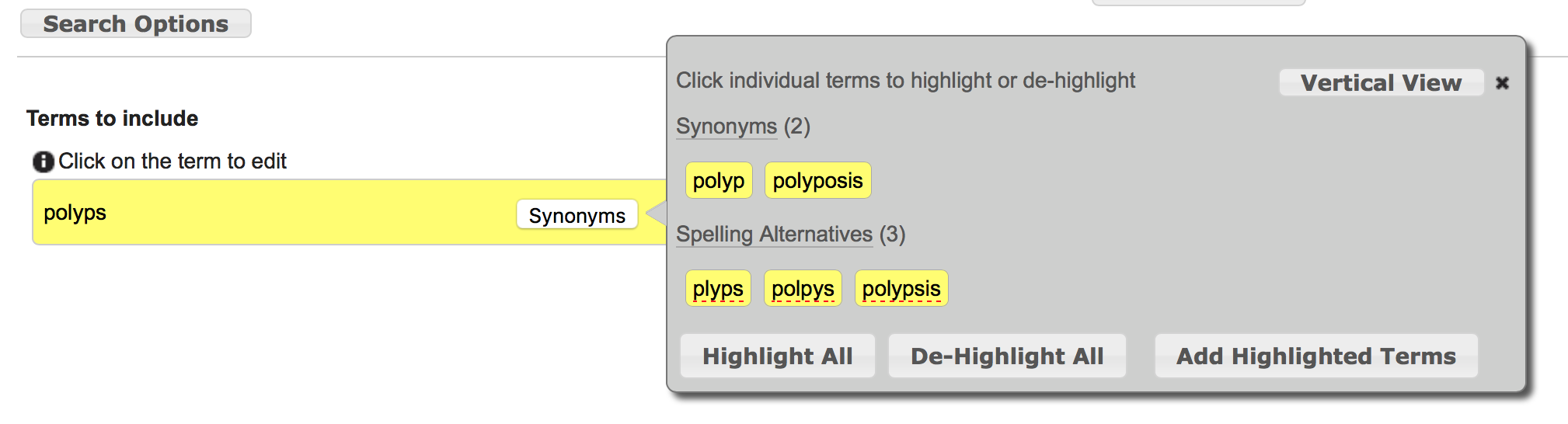Synonyms suggestions display for the term Polyps