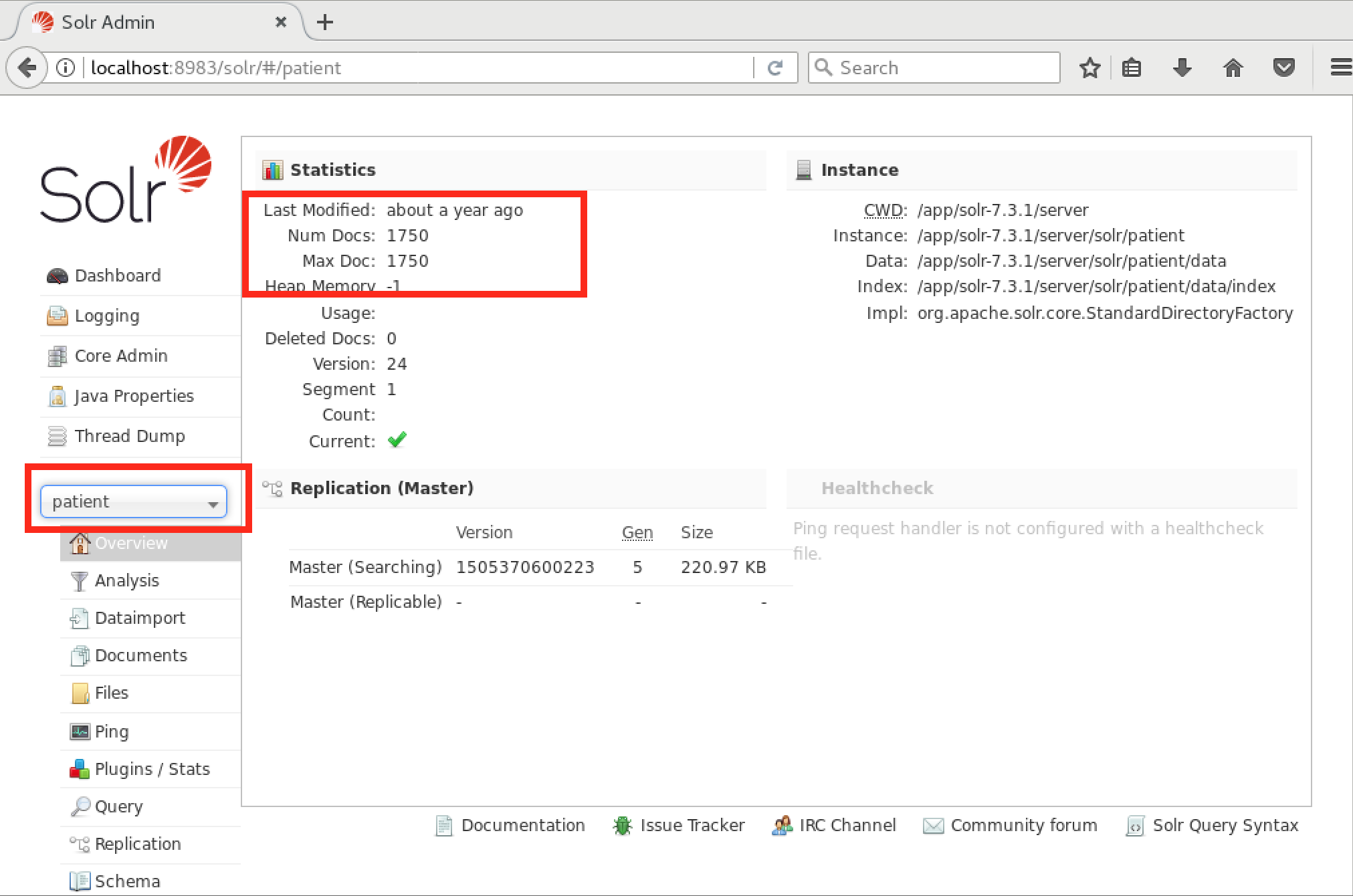 Screen shot of the Core Selector in Solr