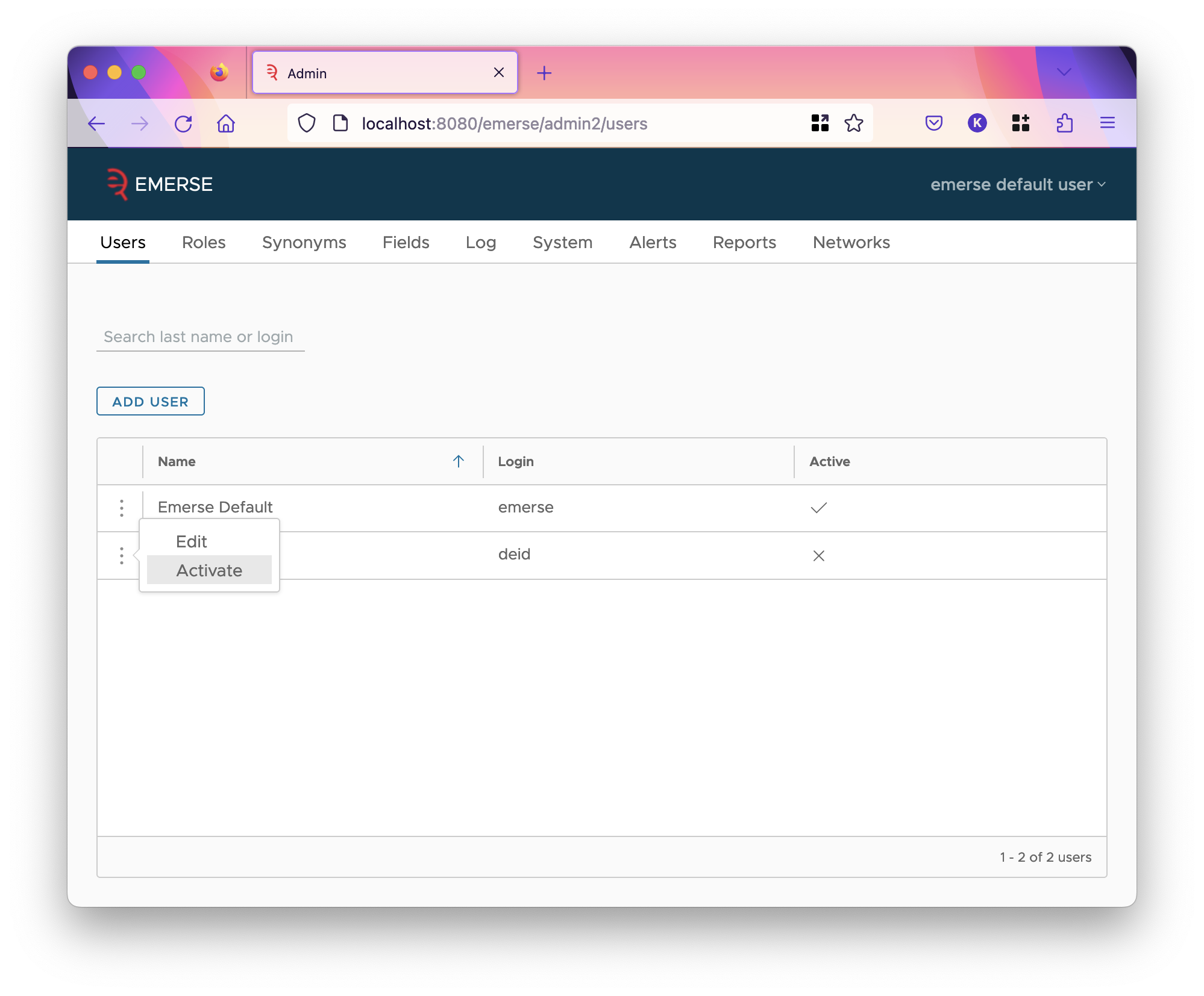 users page context menu